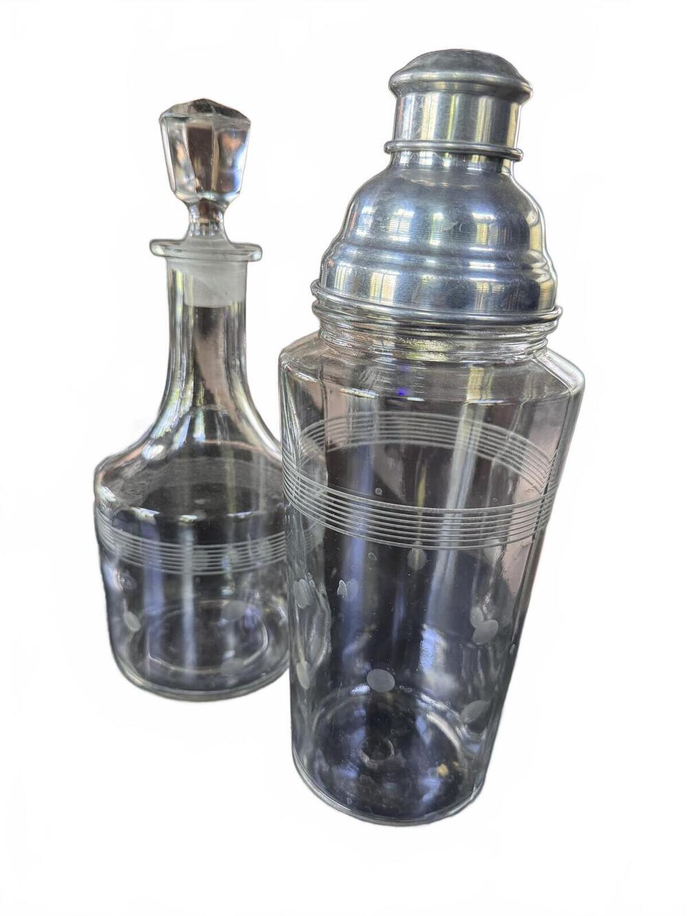 Vintage 1950s MCM Etched Glass Barware Set Cocktail Shaker & Liquor Decanter